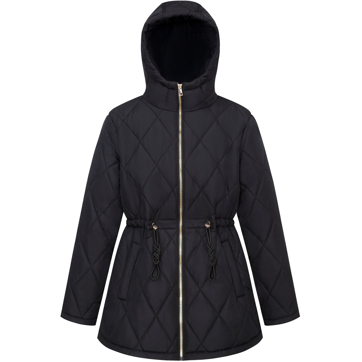 Women's Diamond Quilted Adjustable Hem and Waist Puffer Jacket - Black