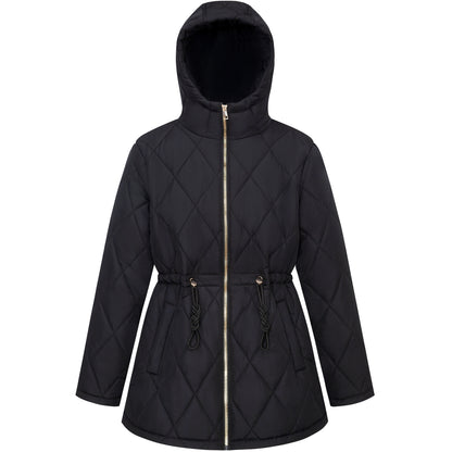 Women's Diamond Quilted Adjustable Hem and Waist Puffer Jacket - Black