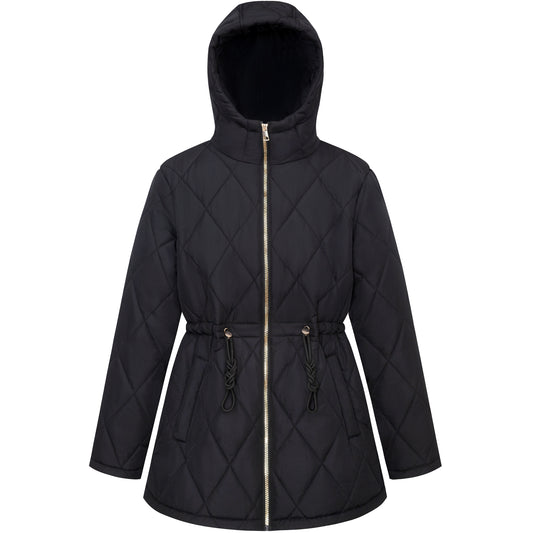 Women's Diamond Quilted Adjustable Hem and Waist Puffer Jacket - Black
