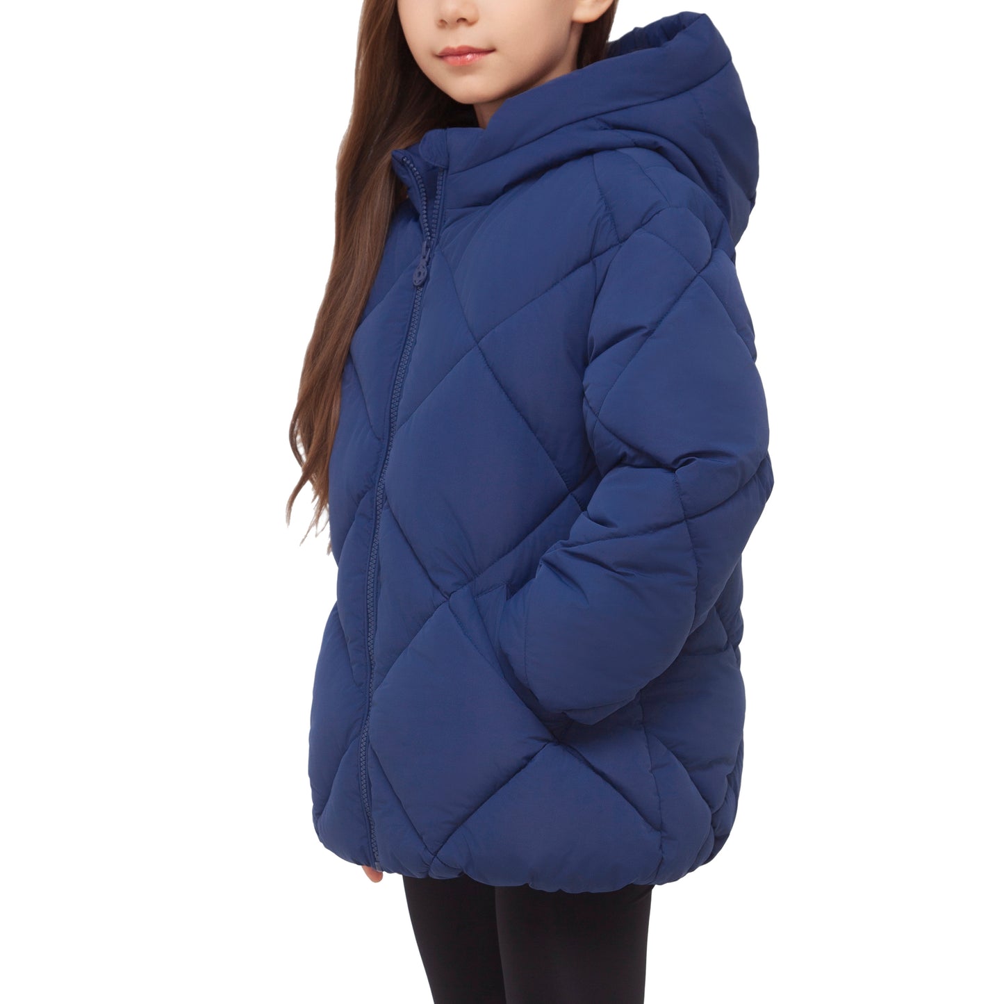 Girls Diamond Quilted Hooded Puffer Jacket - Navy