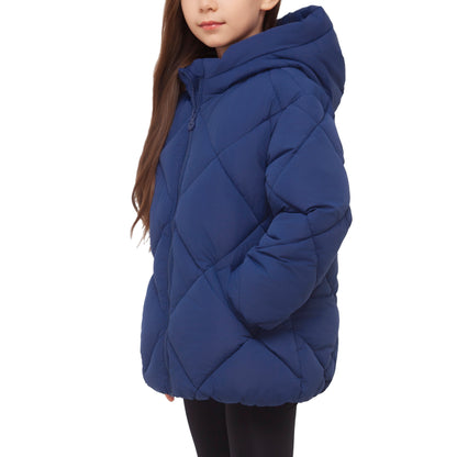 Girls Diamond Quilted Hooded Puffer Jacket - Navy