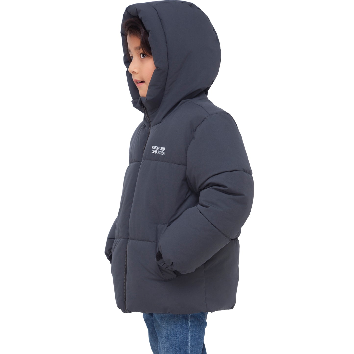 Boys Boxy Puffer Jacket With Water-Resistant Fleece Lining - Grey