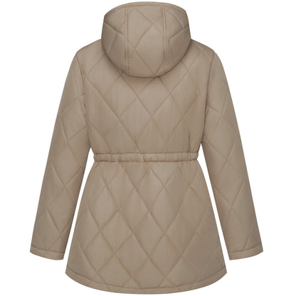 Women's Diamond Quilted Adjustable Hem and Waist Puffer Jacket - Khaki