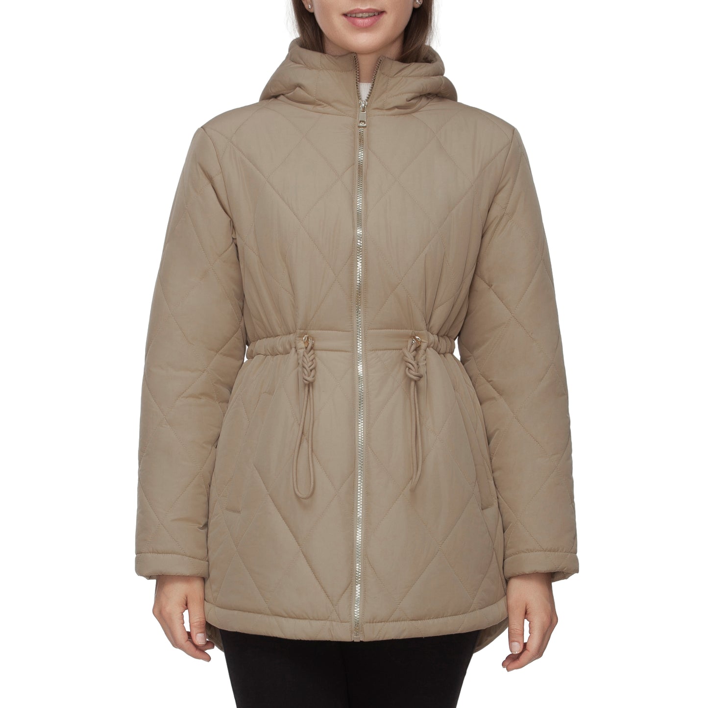 Women's Diamond Quilted Adjustable Hem and Waist Puffer Jacket - Khaki