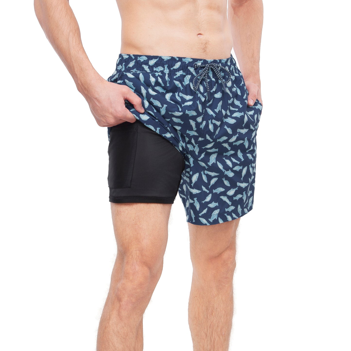 Rokka&Rolla Men's Swim Trunks with Compression Liner 7" Bathing Suit Quick Dry Board Shorts - Ocean Print - Rokka&Rolla
