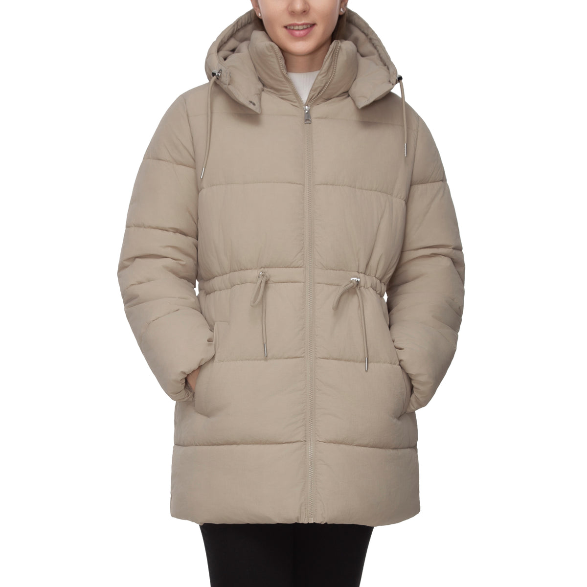 Women's Winter Puffer Jacket Cinch Waist Fleece Hood Parka Coat - Khaki
