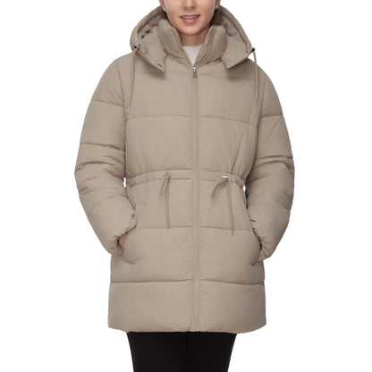 Women's Winter Puffer Jacket Cinch Waist Fleece Hood Parka Coat - Khaki