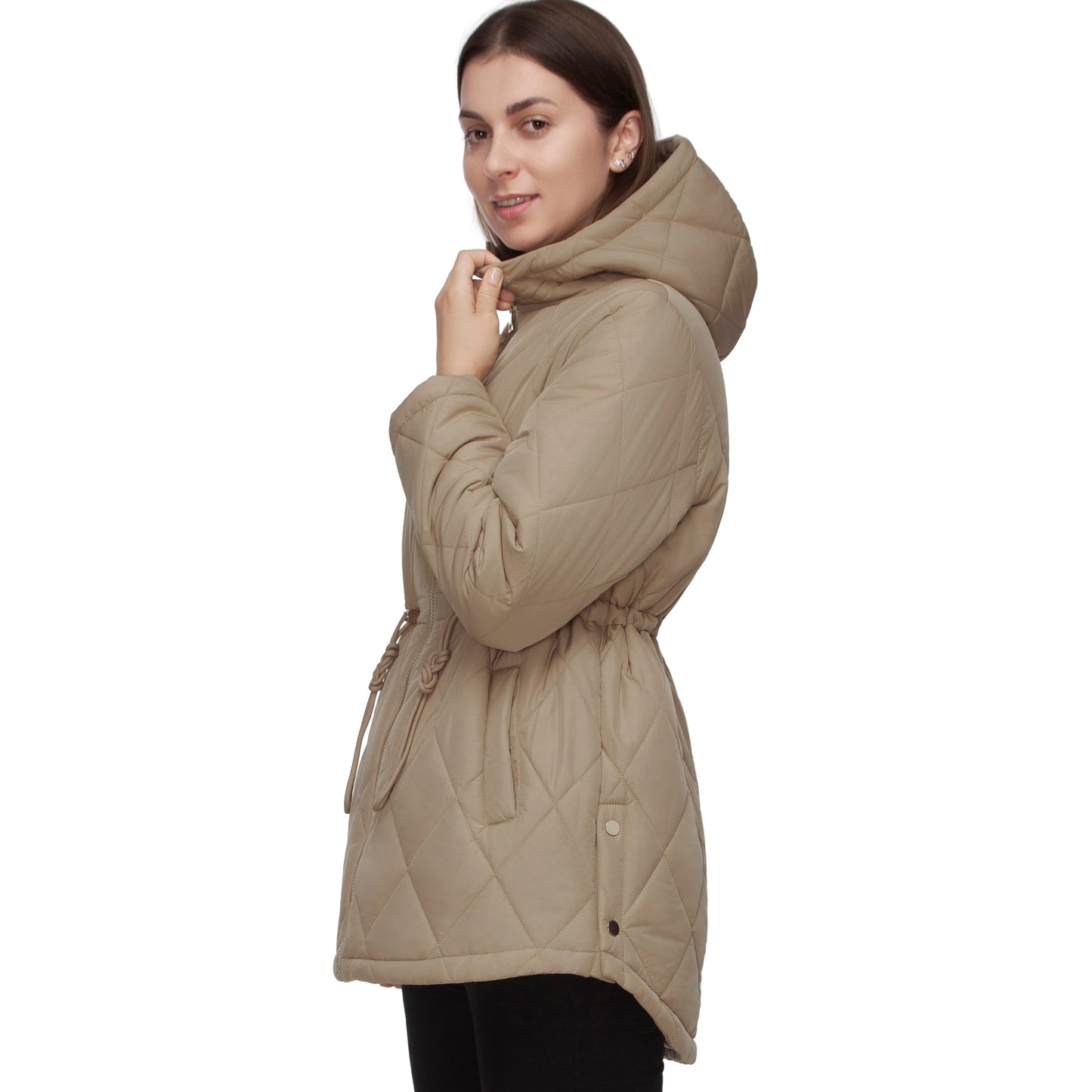 Women's Diamond Quilted Adjustable Hem and Waist Puffer Jacket - Khaki