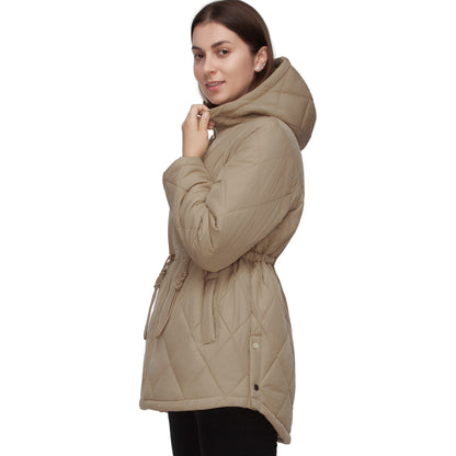 Women's Diamond Quilted Adjustable Hem and Waist Puffer Jacket - Khaki