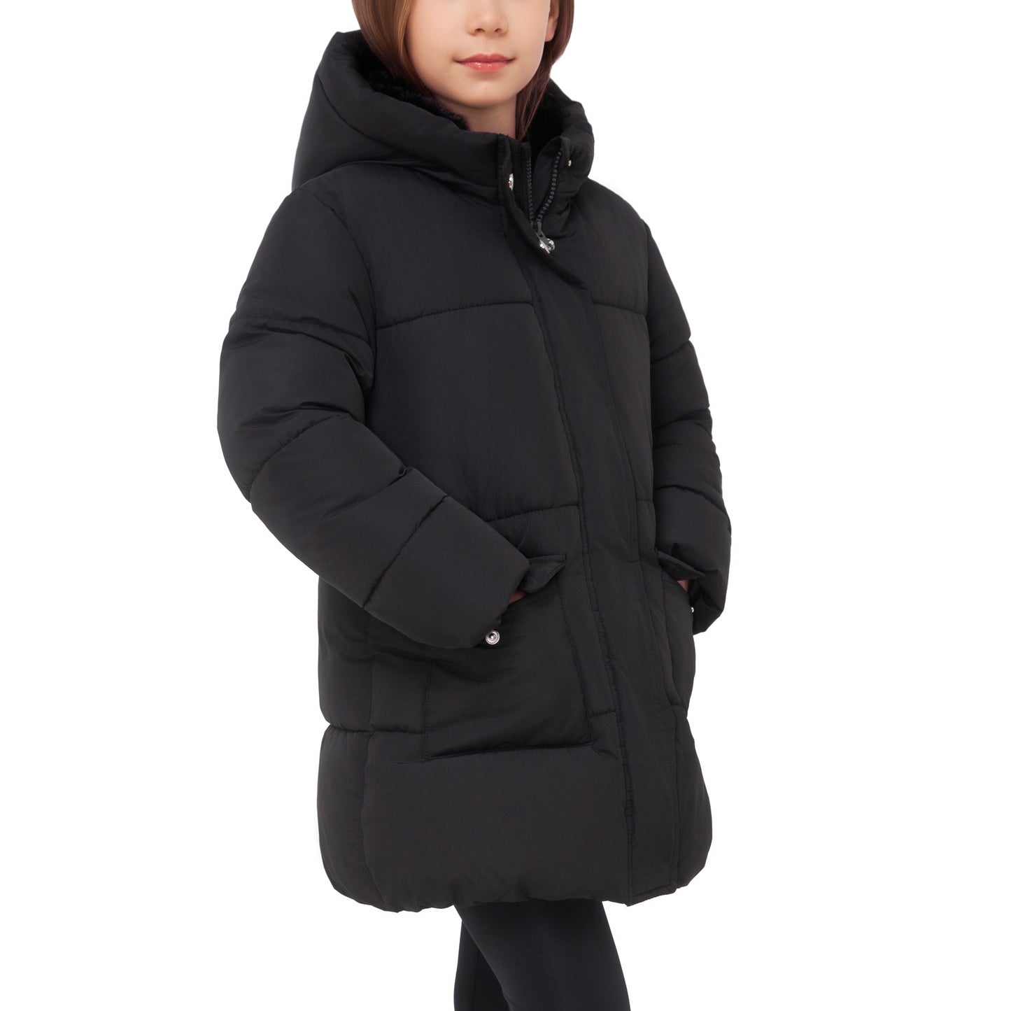 Rokka&Rolla Girls' Long Puffer Jacket with Soft Mini Fur Lined Hood - Black