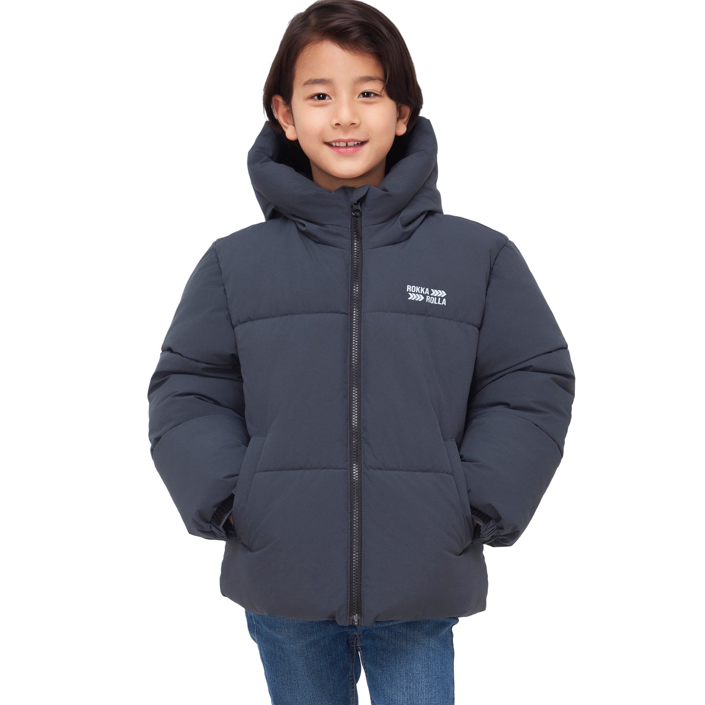 Boys Boxy Puffer Jacket With Water-Resistant Fleece Lining - Grey