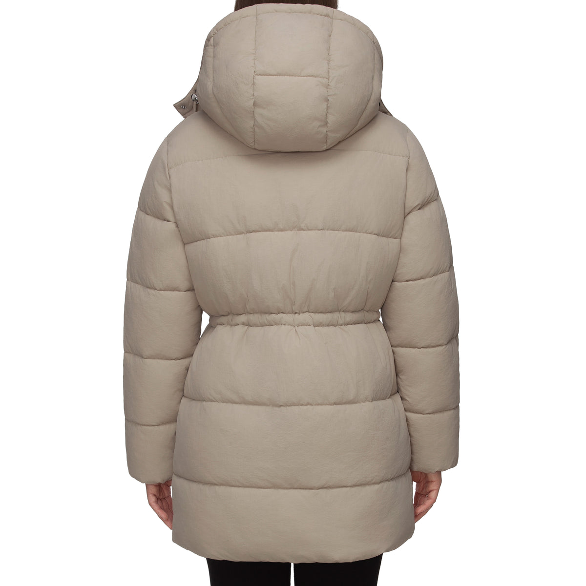 Women's Winter Puffer Jacket Cinch Waist Fleece Hood Parka Coat - Khaki