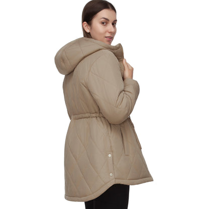 Women's Diamond Quilted Adjustable Hem and Waist Puffer Jacket - Khaki