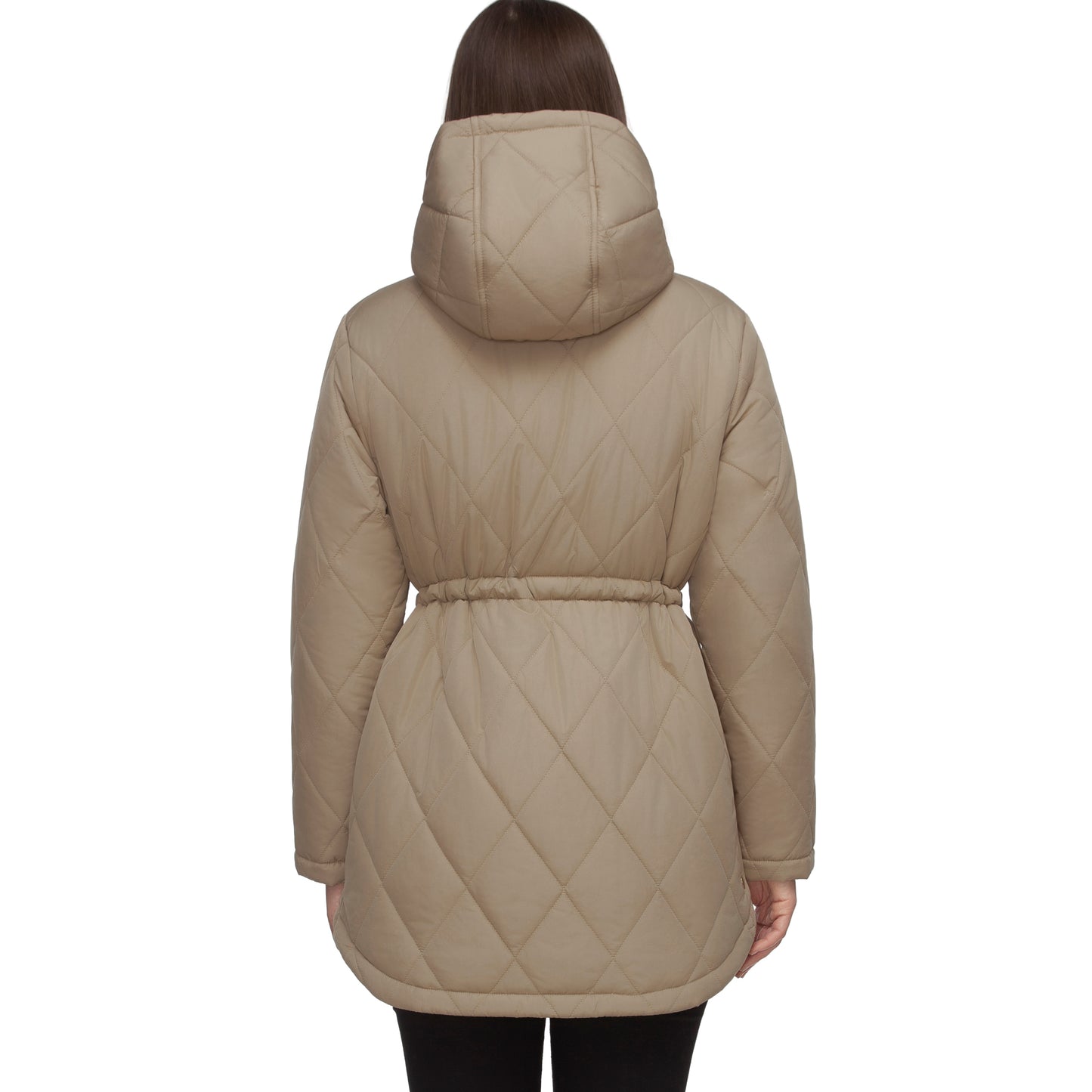 Women's Diamond Quilted Adjustable Hem and Waist Puffer Jacket - Khaki
