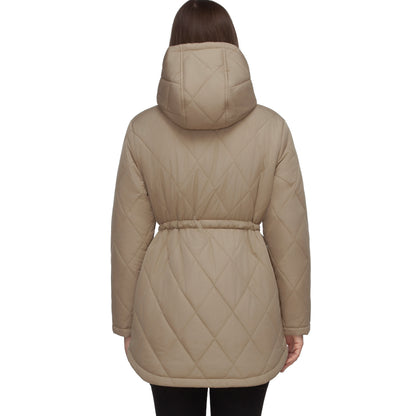 Women's Diamond Quilted Adjustable Hem and Waist Puffer Jacket - Khaki