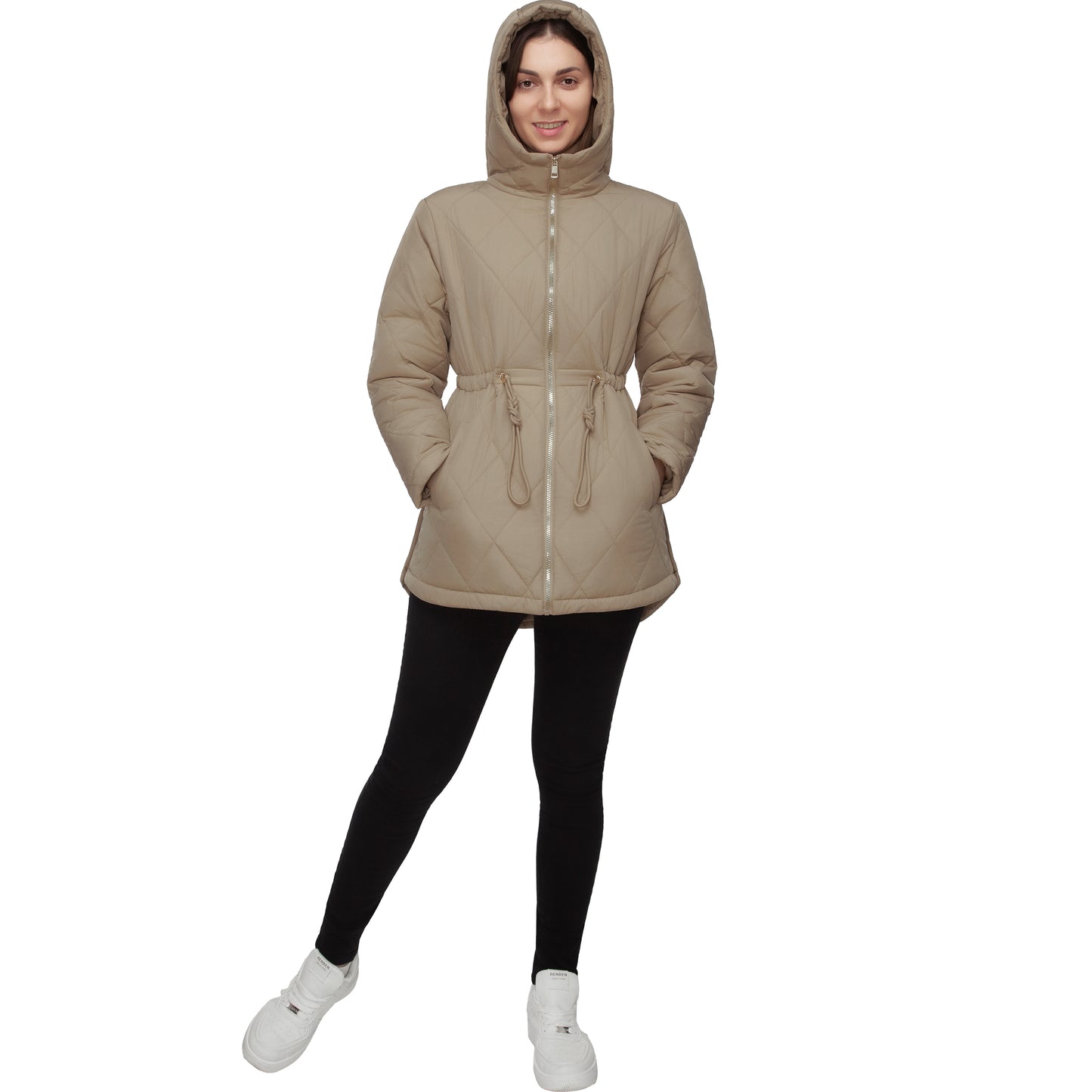 Women's Diamond Quilted Adjustable Hem and Waist Puffer Jacket - Khaki