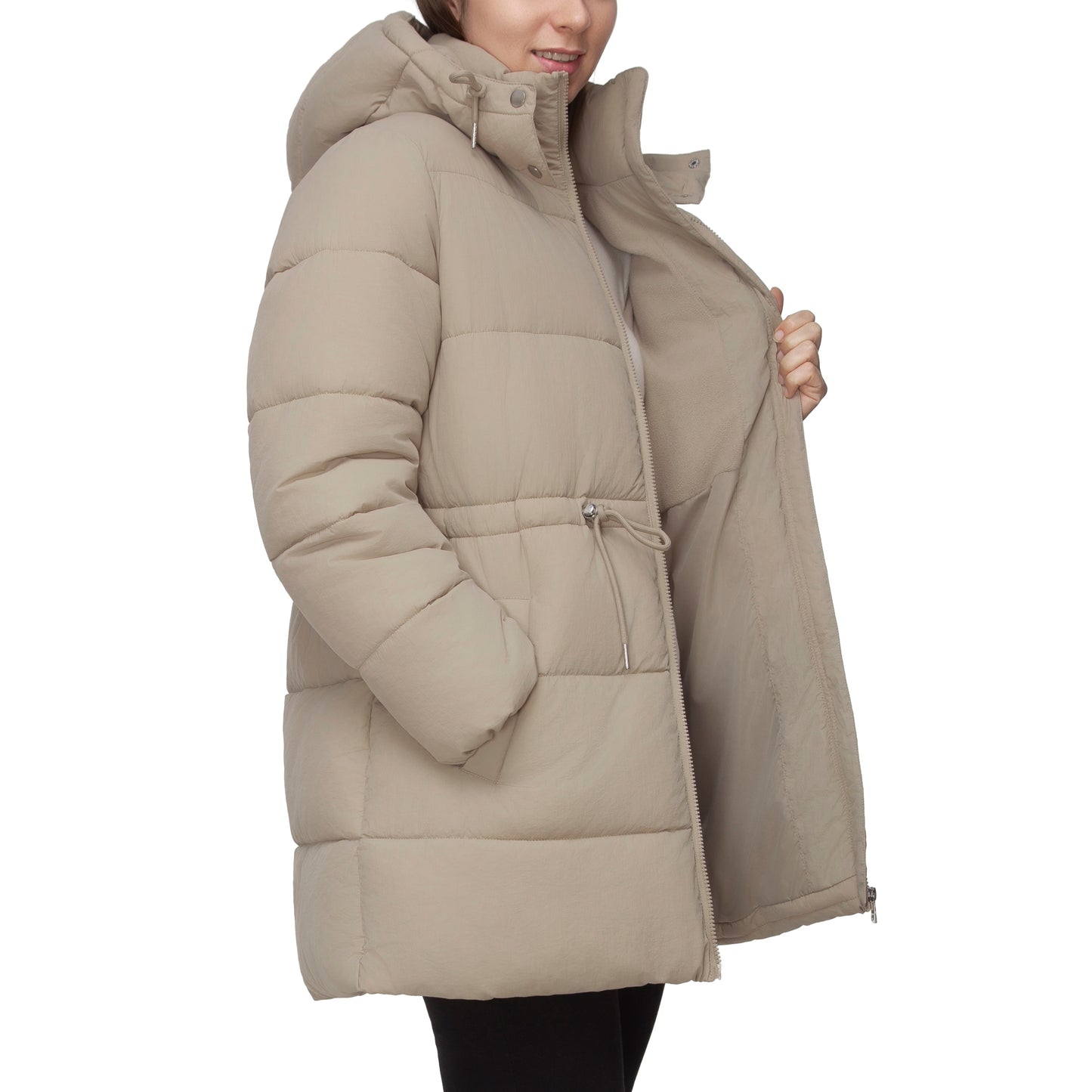 Women's Winter Puffer Jacket Cinch Waist Fleece Hood Parka Coat - Khaki