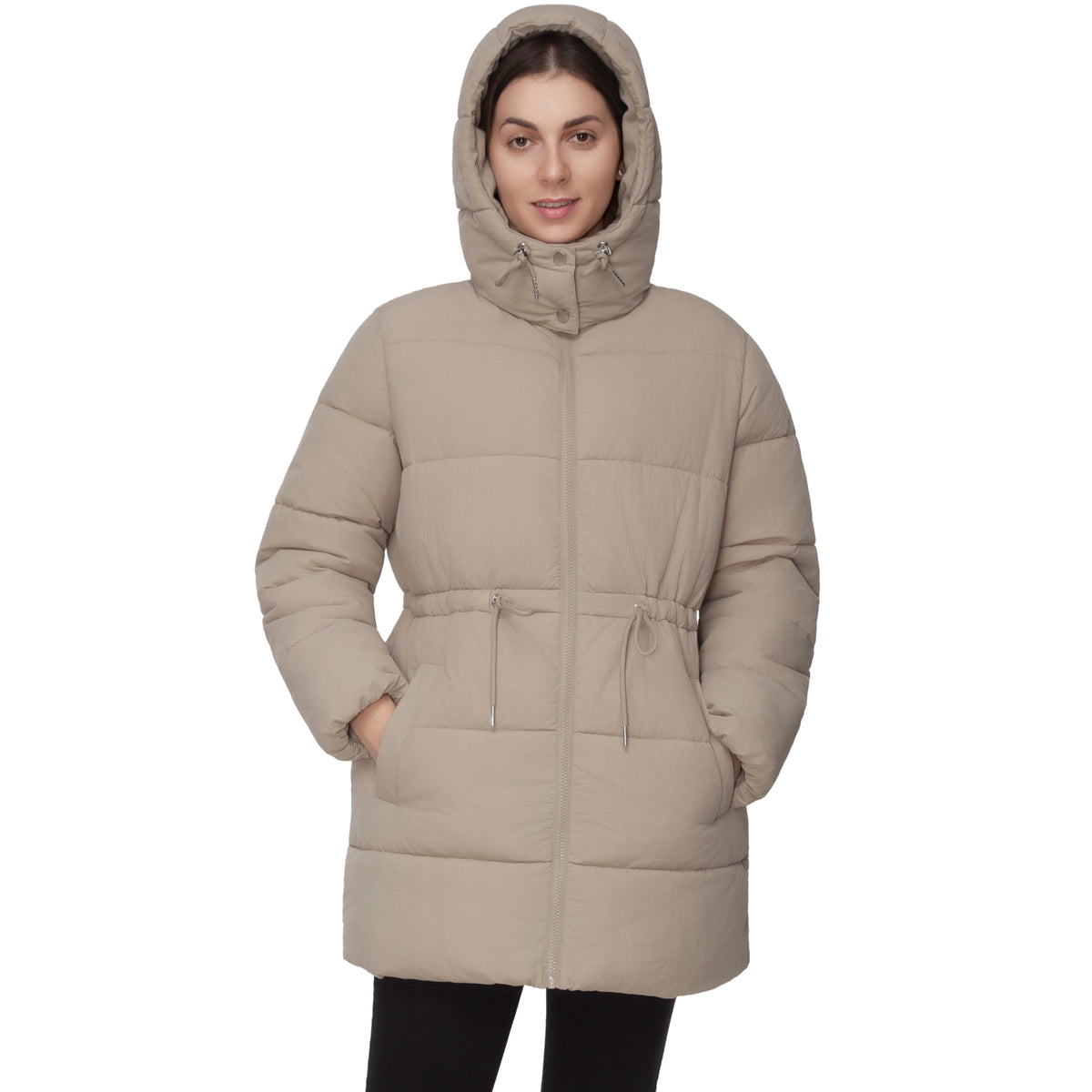 Women's Winter Puffer Jacket Cinch Waist Fleece Hood Parka Coat - Khaki