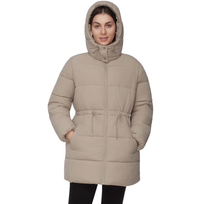 Women's Winter Puffer Jacket Cinch Waist Fleece Hood Parka Coat - Khaki