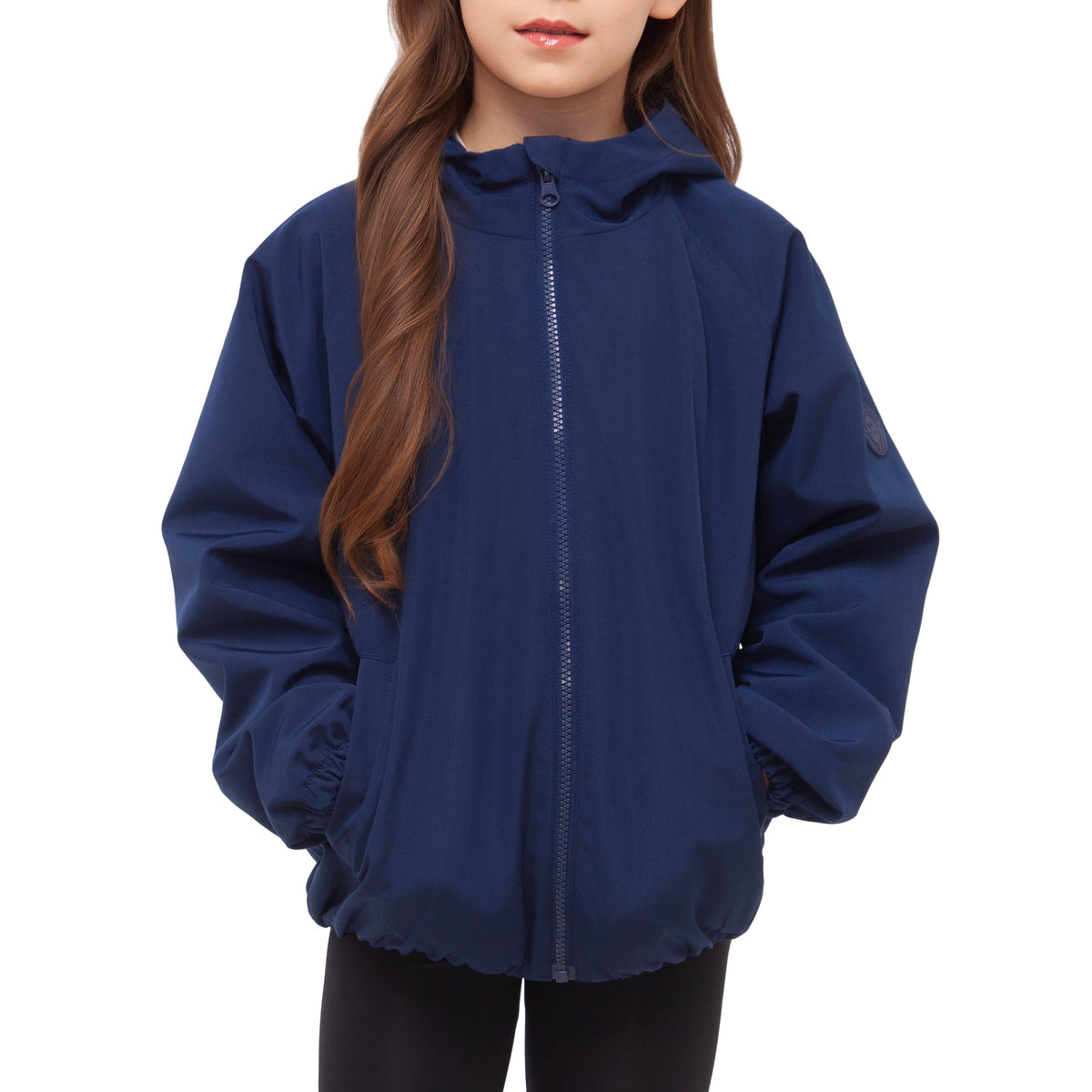 Girls Fleece Lining Jacket with Bubble Hem Snap Pockets Coat - Navy