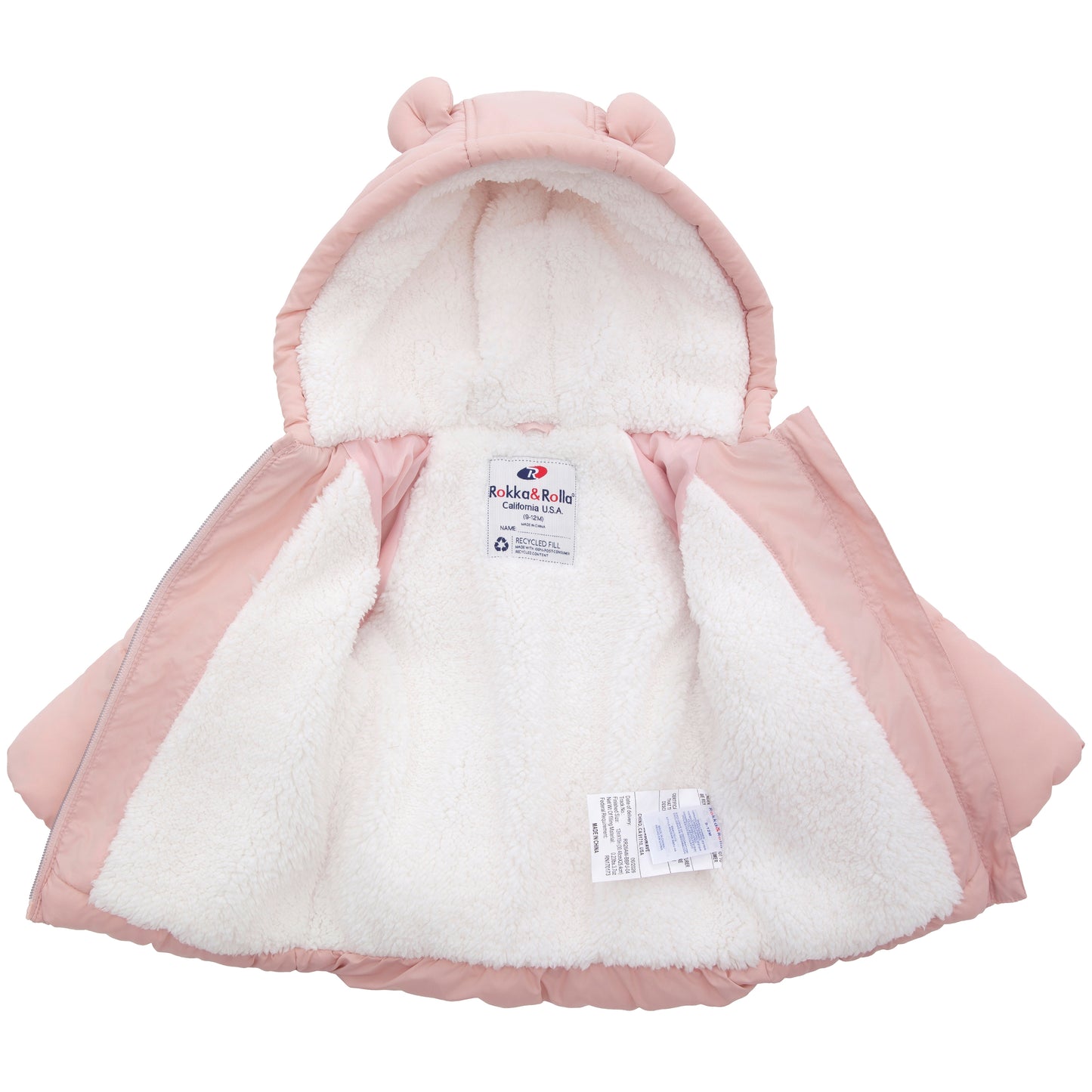 Rokka&Rolla Baby Girls Puffer Jacket Fleece Lined Bear Ears Puffer Jacket - Pink
