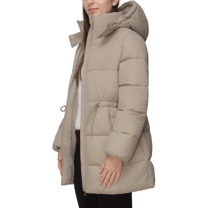 Women's Winter Puffer Jacket Cinch Waist Fleece Hood Parka Coat - Khaki