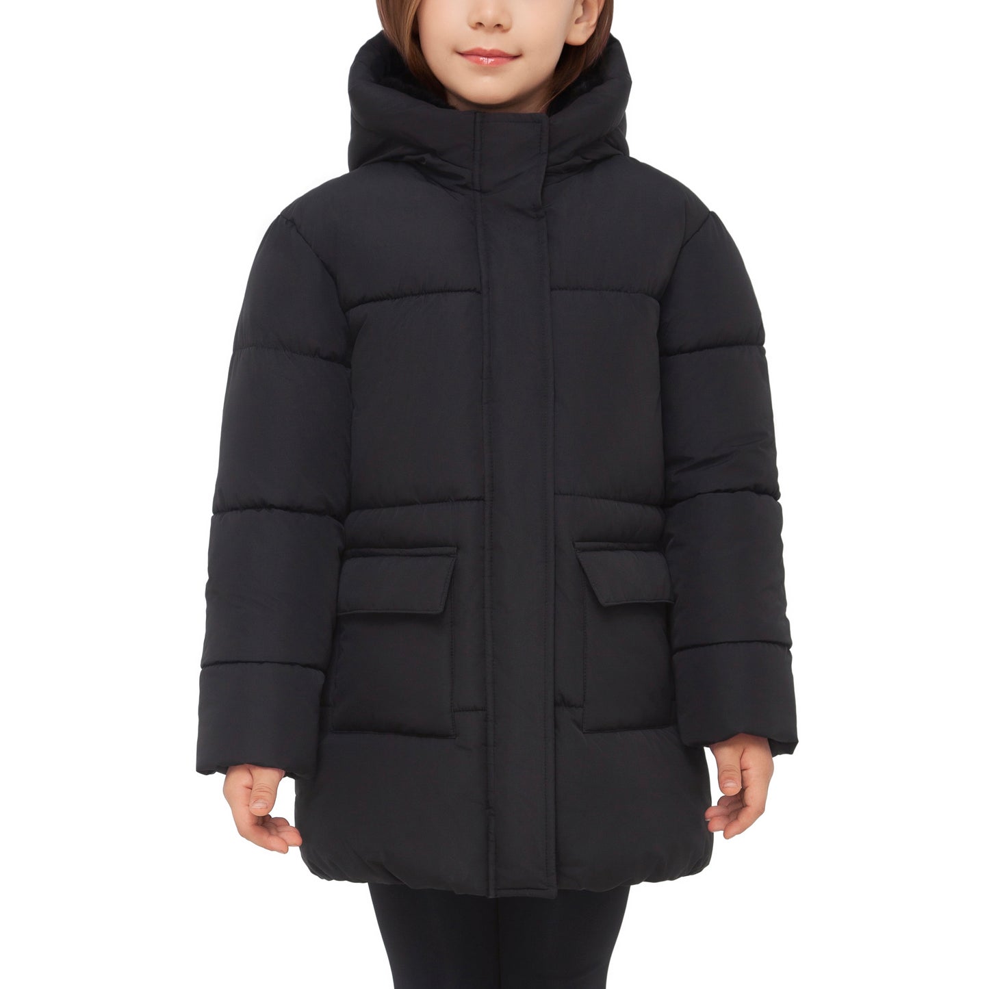 Rokka&Rolla Girls' Long Puffer Jacket with Soft Mini Fur Lined Hood - Black