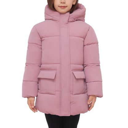 Rokka&Rolla Girls' Long Puffer Jacket with Soft Mini Fur Lined Hood - Pink
