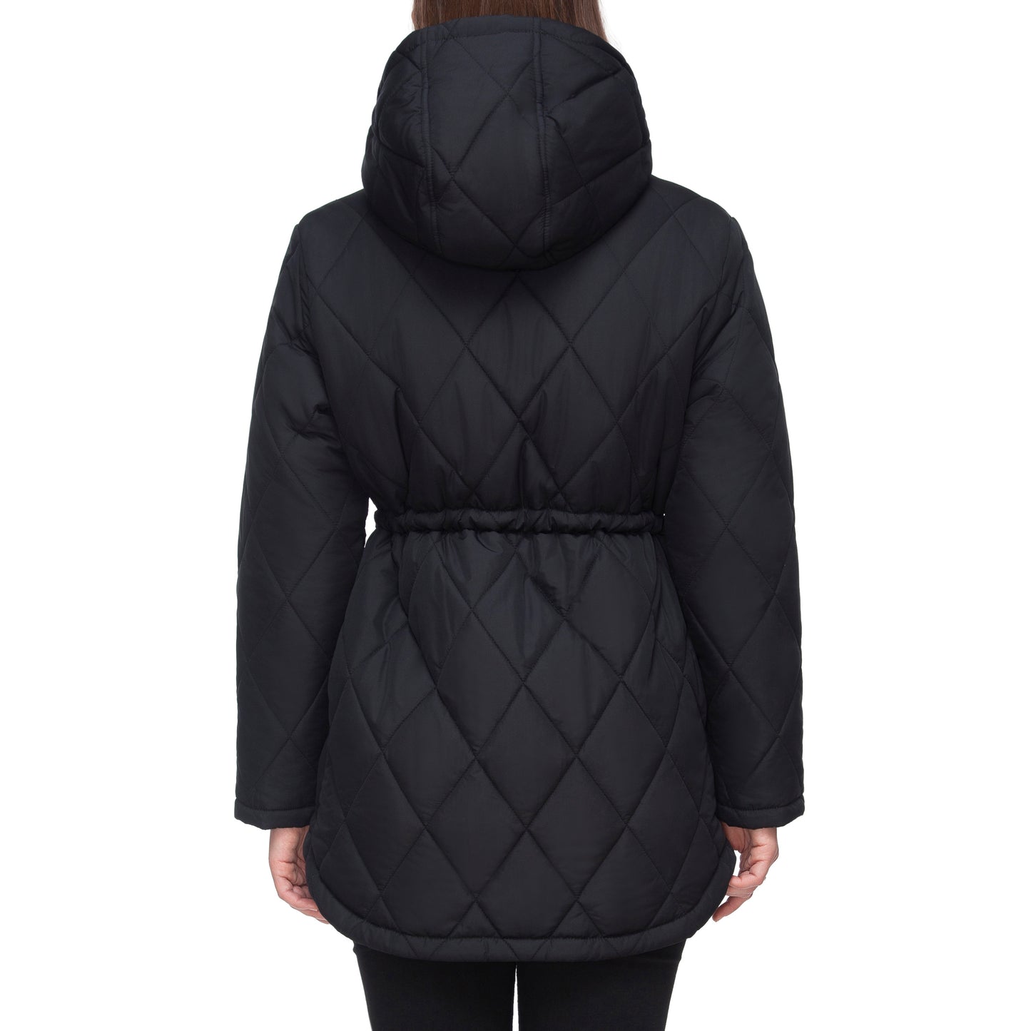 Women's Diamond Quilted Adjustable Hem and Waist Puffer Jacket - Black