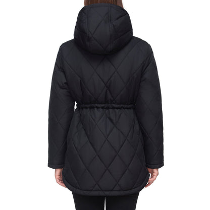 Women's Diamond Quilted Adjustable Hem and Waist Puffer Jacket - Black