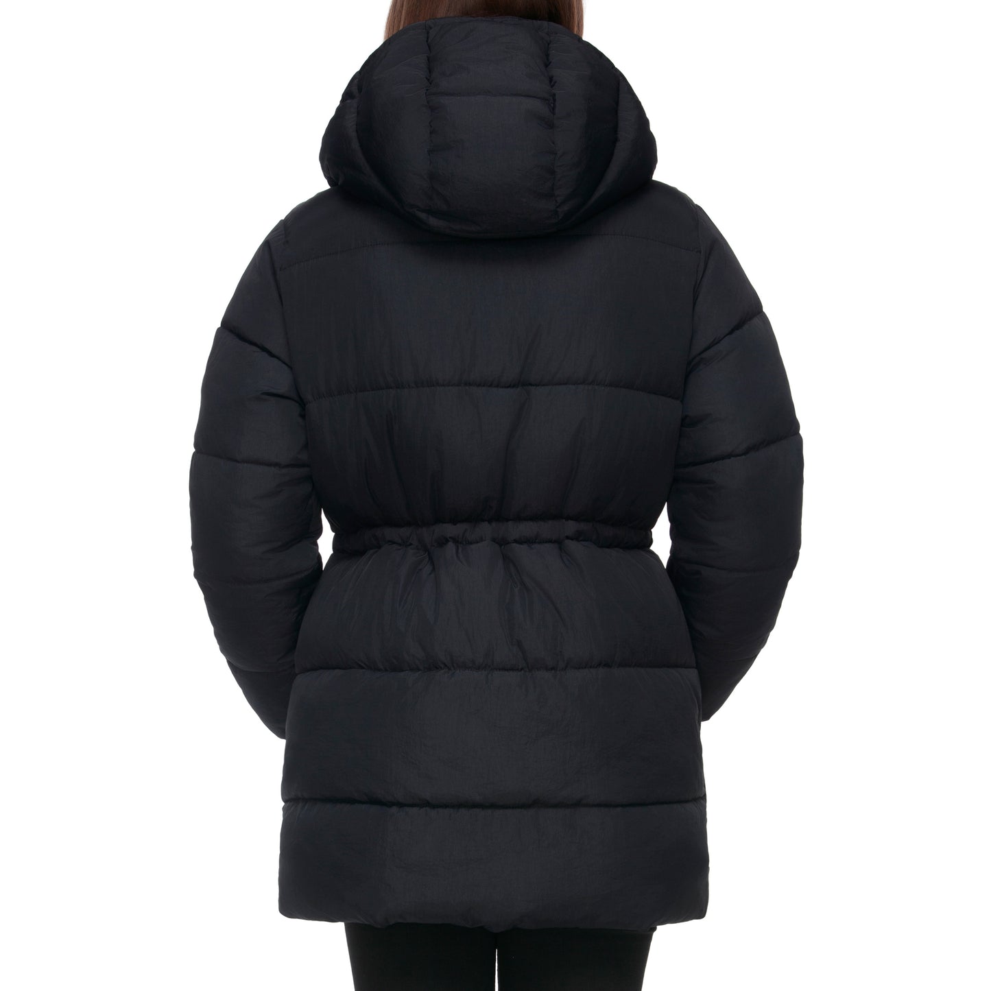 Women's Winter Puffer Jacket Cinch Waist Fleece Hood Parka Coat - Black