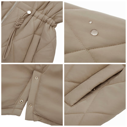 Women's Diamond Quilted Adjustable Hem and Waist Puffer Jacket - Khaki