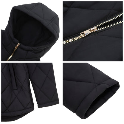 Women's Diamond Quilted Adjustable Hem and Waist Puffer Jacket - Black
