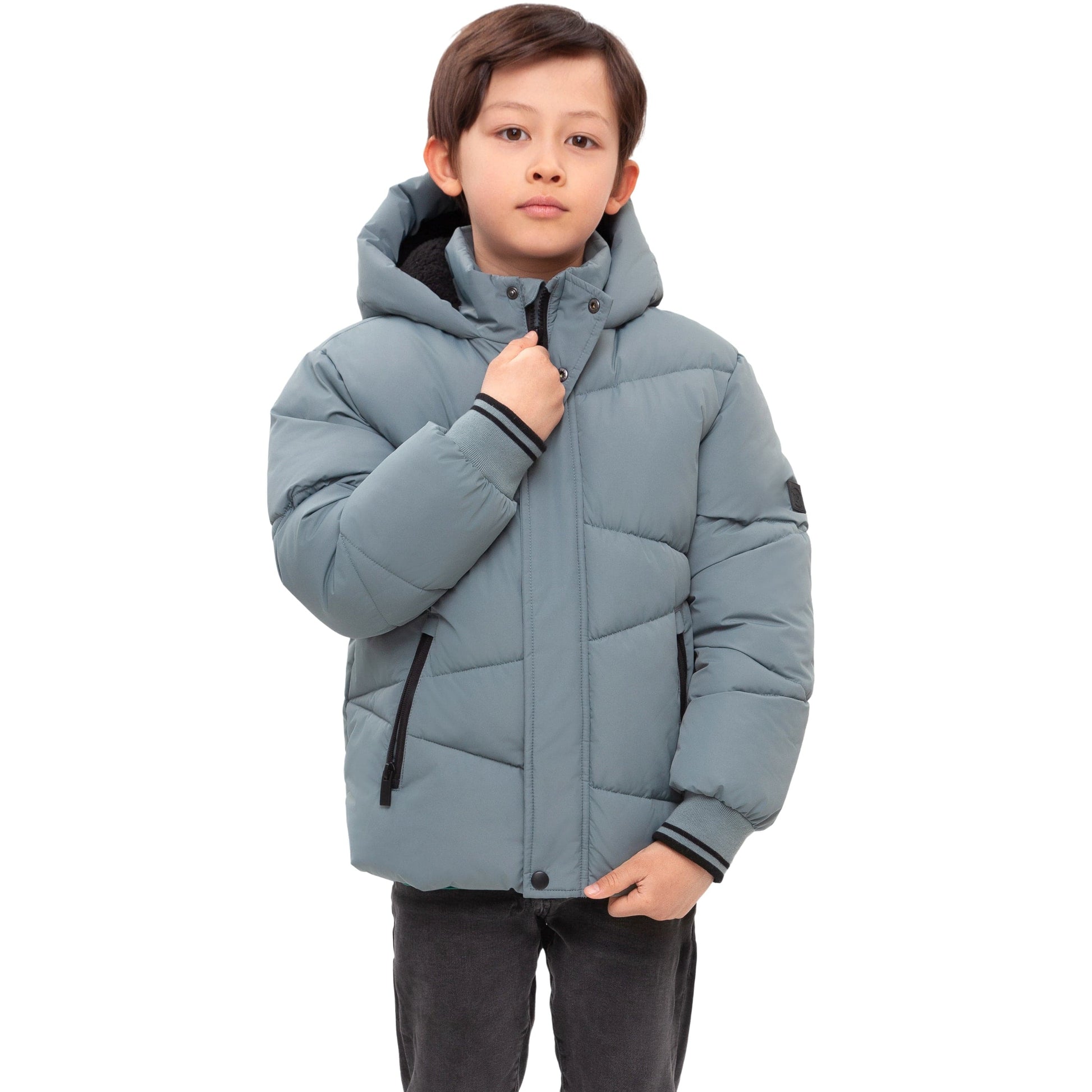 Boys' Hooded Puffer Jacket Water Resistant Warm Insulated Winter Coat - Slate Green Coats & Jackets Rokka&Rolla