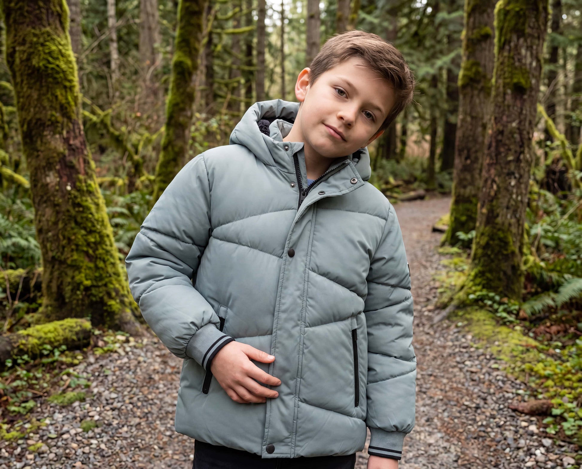 Boys' Hooded Puffer Jacket Water Resistant Warm Insulated Winter Coat - Slate Green Coats & Jackets Rokka&Rolla