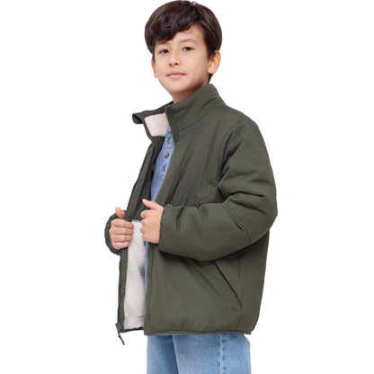 Boys Reversible Puffer Fleece Jacket Water Resistant Warm Outerwear - Olive Coats & Jackets Rokka&Rolla