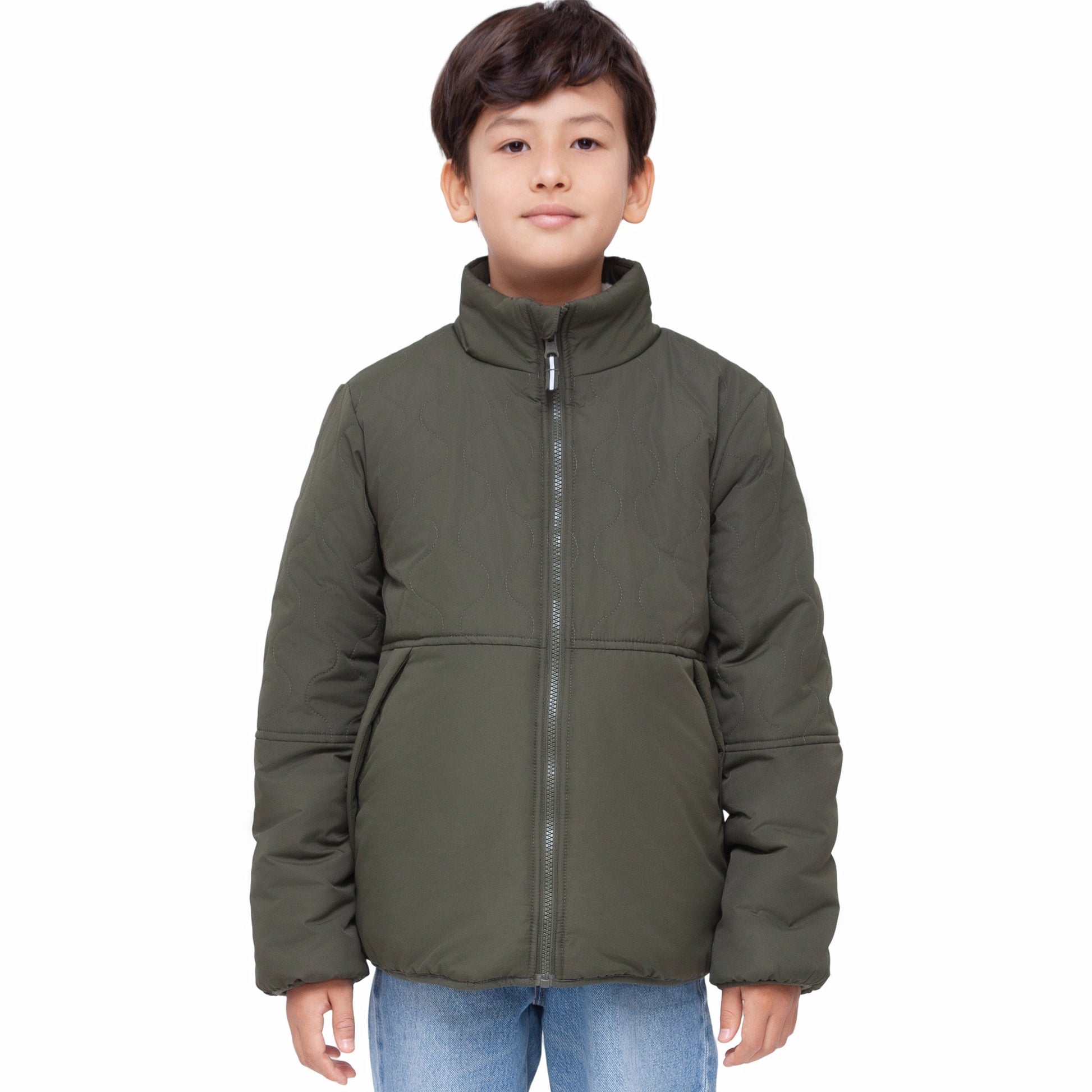 Boys Reversible Puffer Fleece Jacket Water Resistant Warm Outerwear - Olive Coats & Jackets Rokka&Rolla