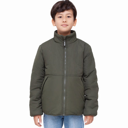 Boys Reversible Puffer Fleece Jacket Water Resistant Warm Outerwear - Olive Coats & Jackets Rokka&Rolla