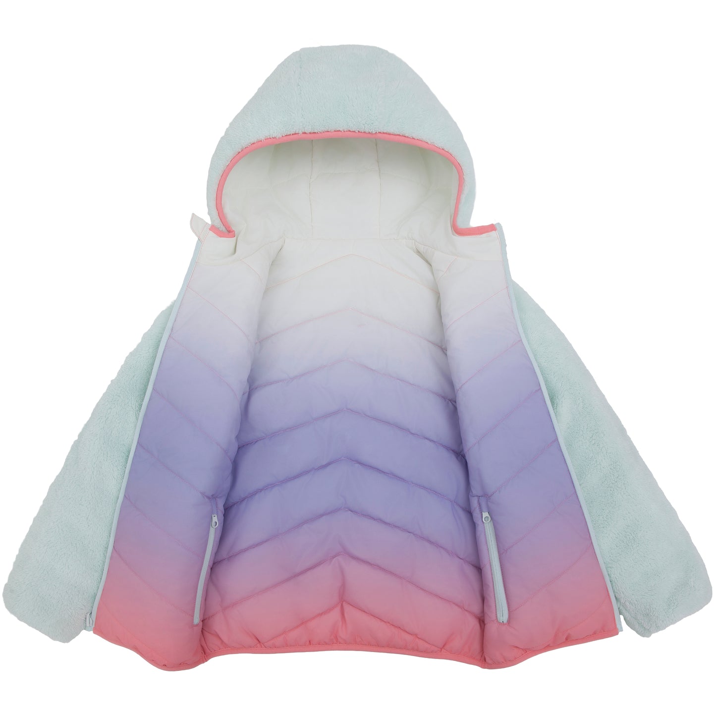 Girls Reversible Puffer Jacket with Gradient Print Solid Color Quilted Outerwear - Cotton Candy Ombre
