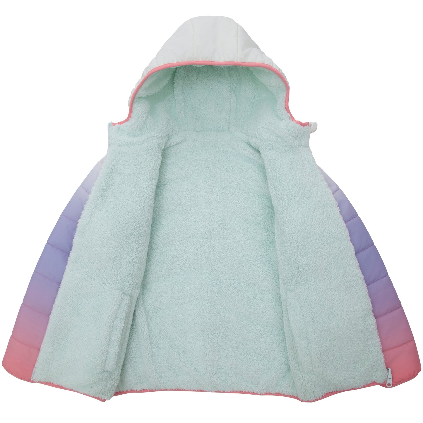 Girls Reversible Puffer Jacket with Gradient Print Solid Color Quilted Outerwear - Cotton Candy Ombre