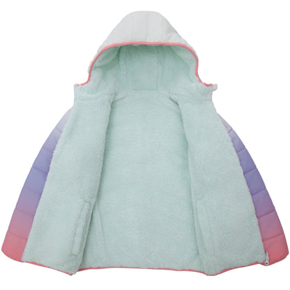 Girls Reversible Puffer Jacket with Gradient Print Solid Color Quilted Outerwear - Cotton Candy Ombre