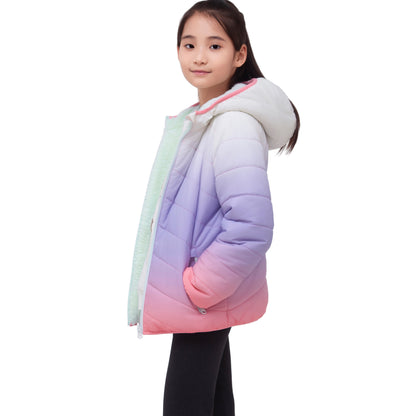 Girls Reversible Puffer Jacket with Gradient Print Solid Color Quilted Outerwear - Cotton Candy Ombre