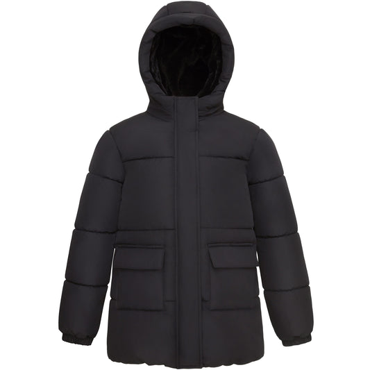 Girls' Long Puffer Jacket with Soft Mini Fur Lined Hood - Black Coats & Jackets XS Rokka&Rolla