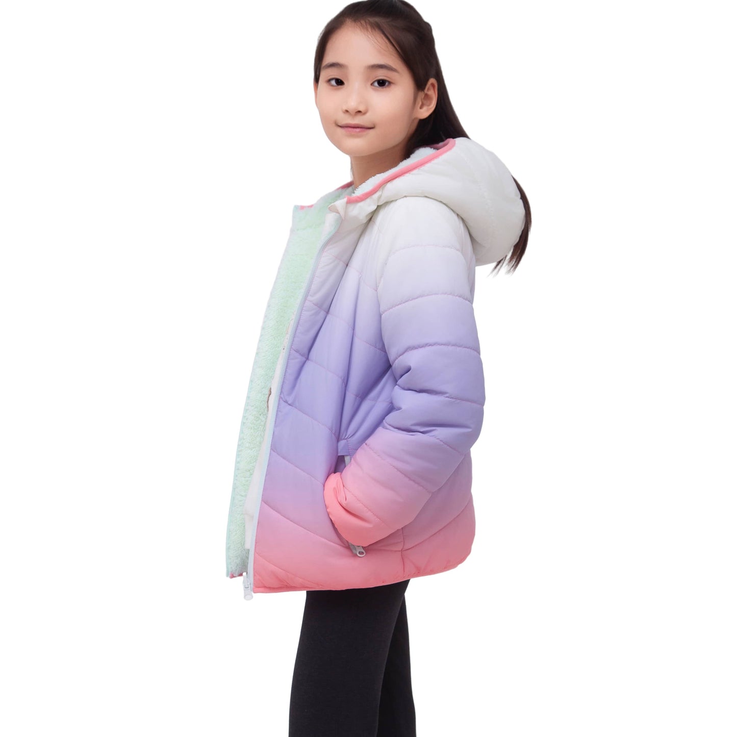 Girls Reversible Puffer Jacket with Gradient Print Solid Color Quilted Outerwear - Cotton Candy Ombre Coats & Jackets Rokka&Rolla