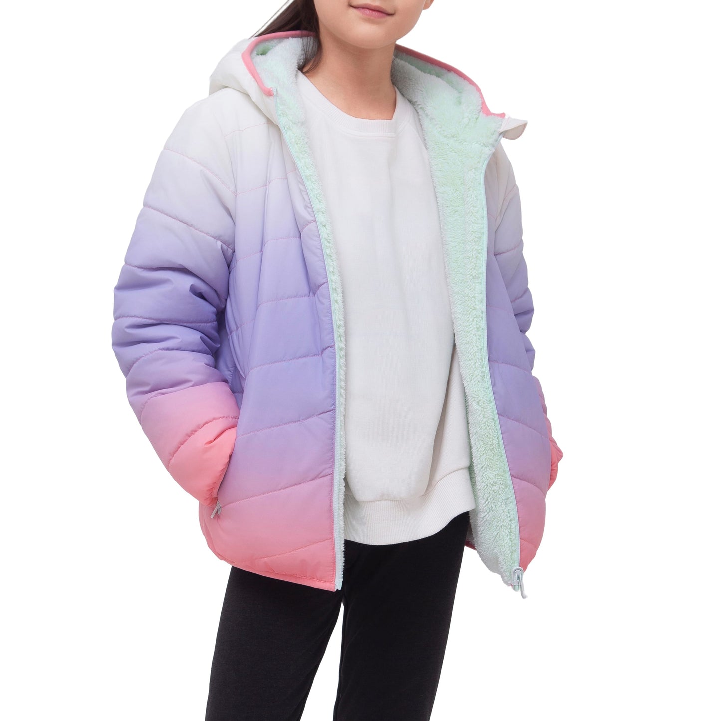 Girls Reversible Puffer Jacket with Gradient Print Solid Color Quilted Outerwear - Cotton Candy Ombre Coats & Jackets Rokka&Rolla
