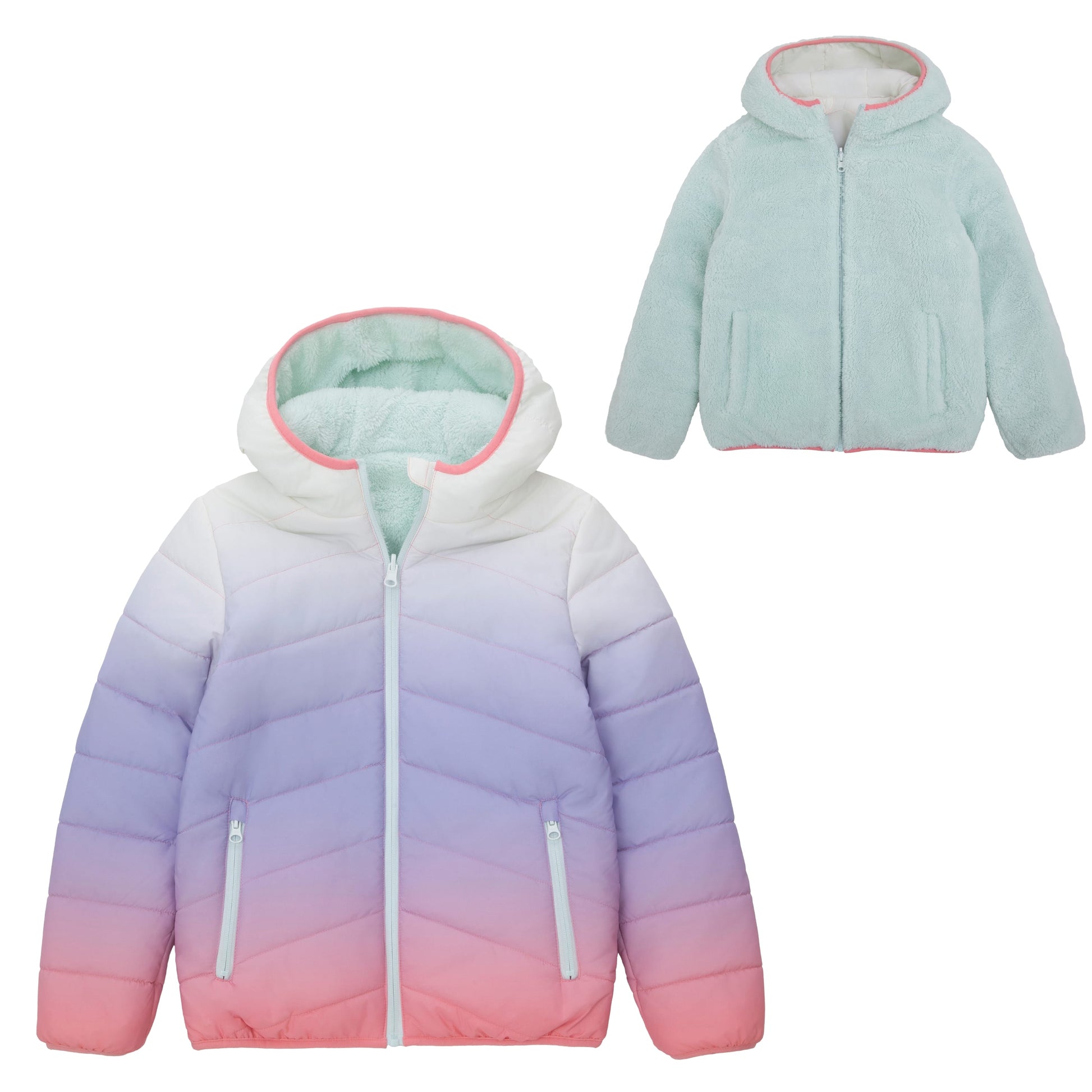 Girls Reversible Puffer Jacket with Gradient Print Solid Color Quilted Outerwear - Cotton Candy Ombre Coats & Jackets XS Rokka&Rolla