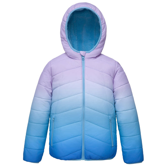 Girls Reversible Puffer Jacket with Gradient Print Solid Color Quilted Outerwear - Icy Blue Gradient Coats & Jackets Rokka&Rolla