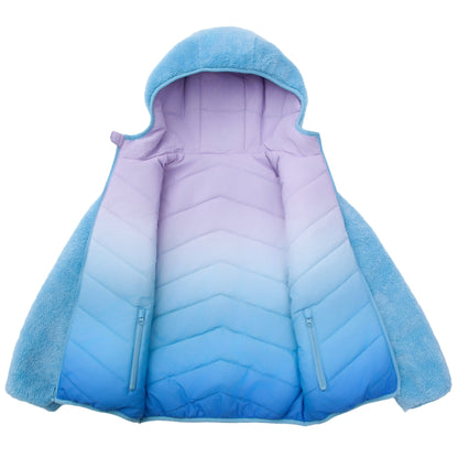 Girls Reversible Puffer Jacket with Gradient Print Solid Color Quilted Outerwear - Icy Blue Gradient Coats & Jackets Rokka&Rolla