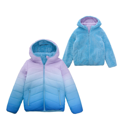 Girls Reversible Puffer Jacket with Gradient Print Solid Color Quilted Outerwear - Icy Blue Gradient Coats & Jackets XS Rokka&Rolla