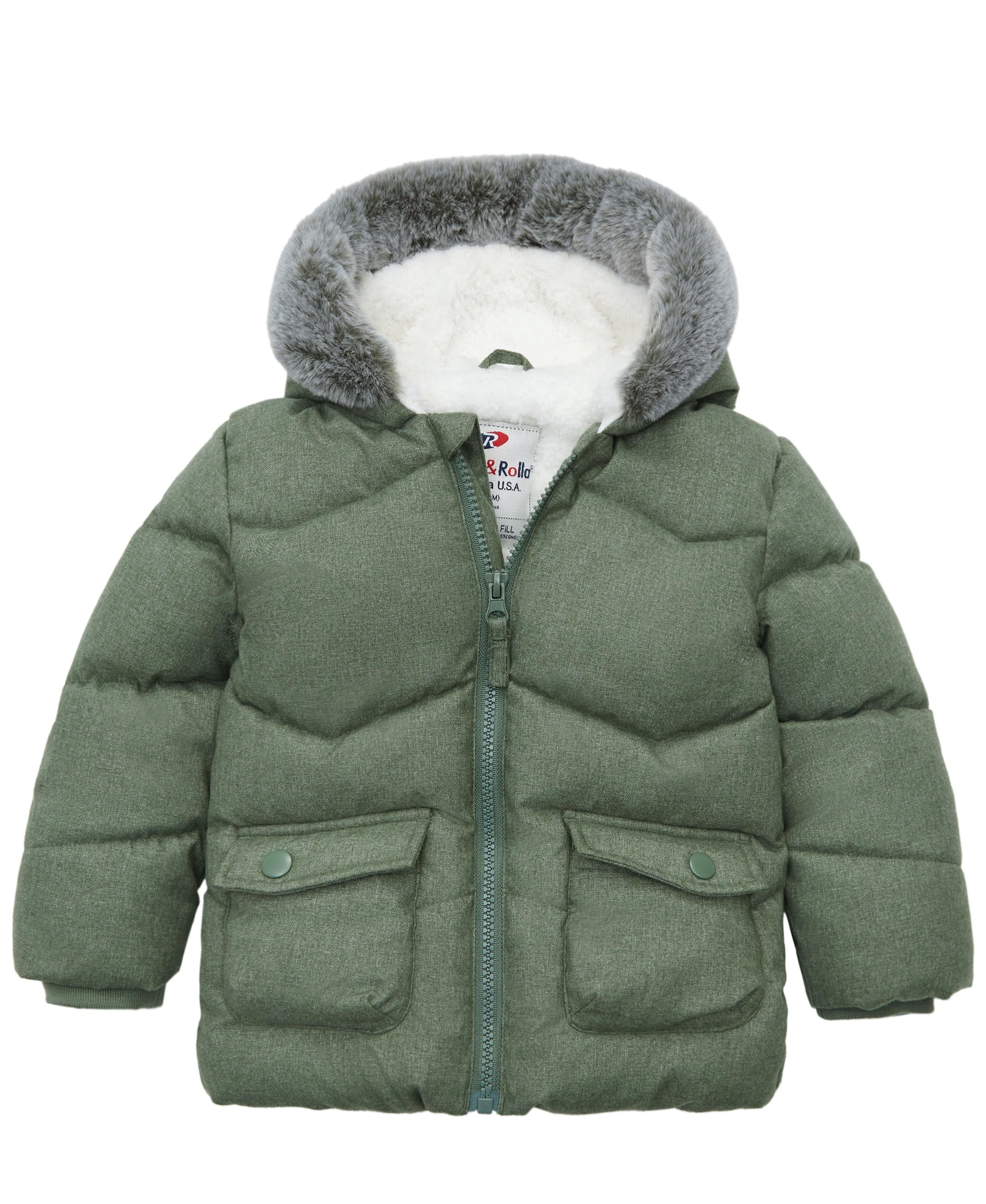 Infant Boys' Sherpa Lined Mini Fur Trim Hooded Puffer Jacket Baby & Toddler Outerwear 6-9M / Pine Green Rokka & Rolla